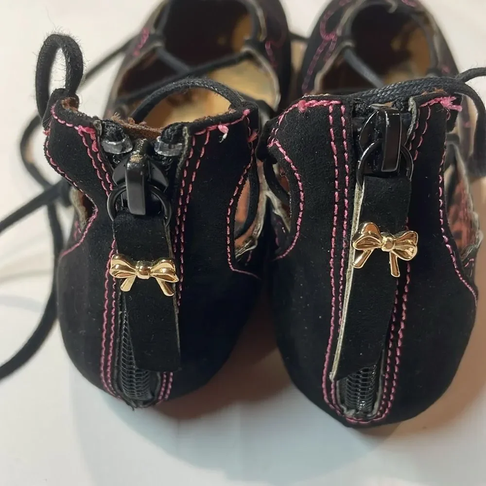 Betsey Johnson Little Girls Black Lace Up Microsuede Ballet Flats Sz 2